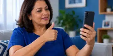 Mulher de meia-idade com blusa azul segurando um celular e fazendo um gesto com a mão durante uma videochamada em casa.