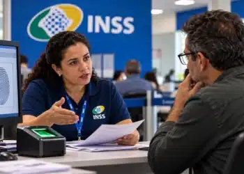 Funcionária do INSS orientando procurador sobre exigência de biometria para solicitar benefício, com leitor biométrico sobre a mesa.