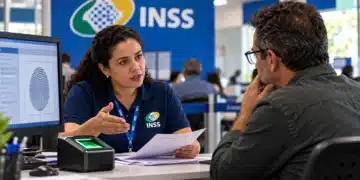 Funcionária do INSS orientando procurador sobre exigência de biometria para solicitar benefício, com leitor biométrico sobre a mesa.