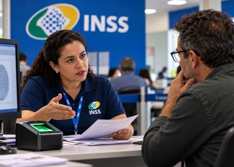 Funcionária do INSS orientando procurador sobre exigência de biometria para solicitar benefício, com leitor biométrico sobre a mesa.