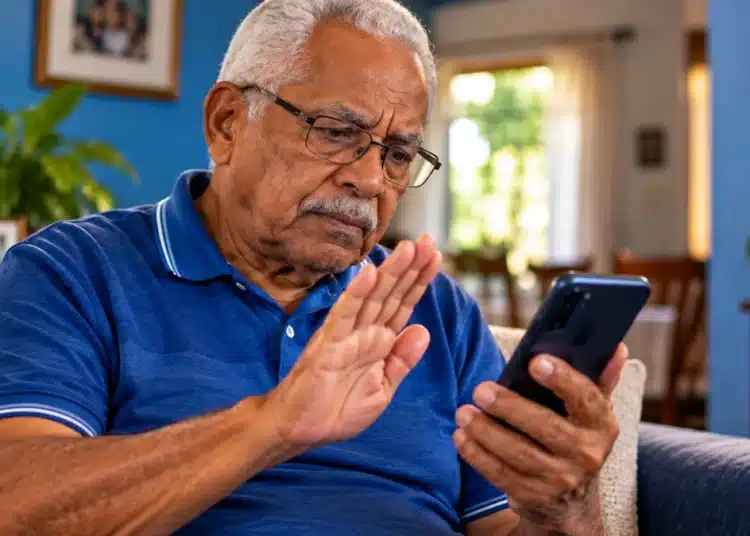 Idoso rejeita propaganda de empréstimo recebida pelo celular, representando nova regra do Banco Central para bloquear ofertas de crédito.