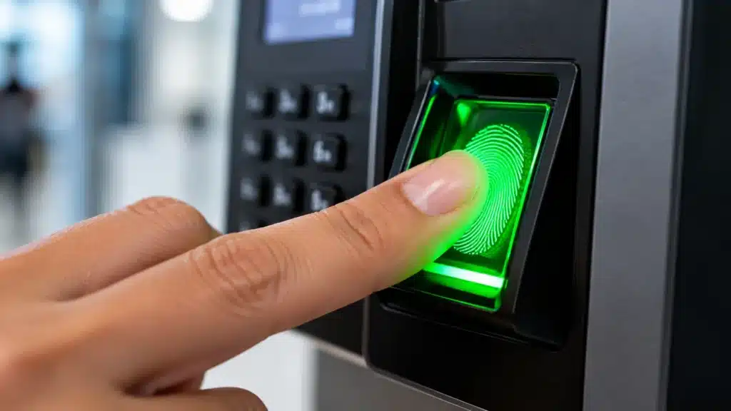 Dedo indicador sobre leitor de impressão digital com luz verde, ilustrando o cadastro biométrico exigido do titular ou representante legal no INSS.