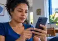 Mulher mexendo no celular em casa, representando o acesso à carteira de vacinação digital pelo Meu SUS Digital.