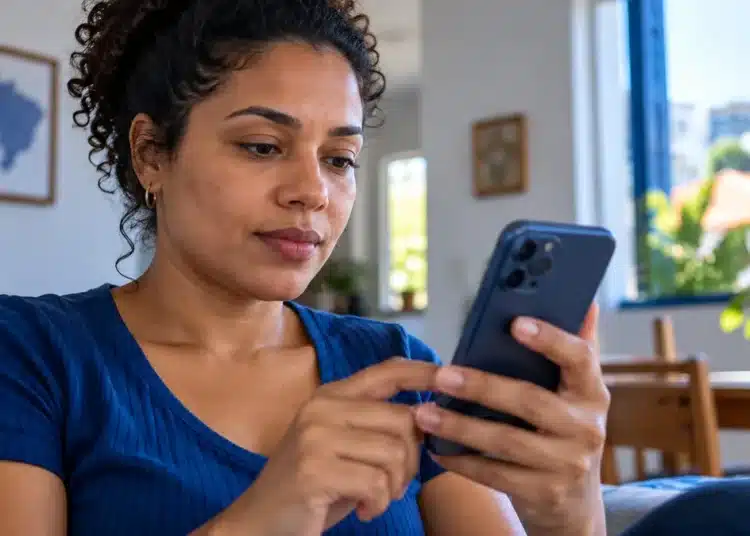 Mulher mexendo no celular em casa, representando o acesso à carteira de vacinação digital pelo Meu SUS Digital.