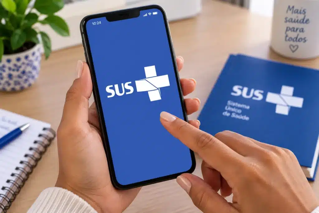 Mãos acessando o Meu SUS Digital pelo celular, representando a consulta a informações sobre vacinação.