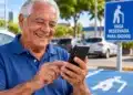 Idoso sorridente utiliza celular próximo a uma vaga de estacionamento reservada para pessoas com 60 anos ou mais.
