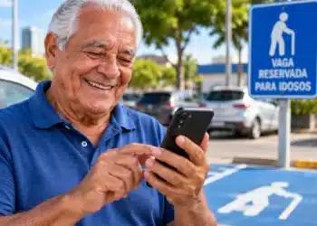 Idoso sorridente utiliza celular próximo a uma vaga de estacionamento reservada para pessoas com 60 anos ou mais.