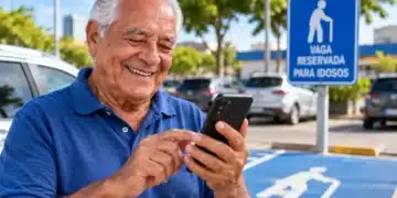 Idoso sorridente utiliza celular próximo a uma vaga de estacionamento reservada para pessoas com 60 anos ou mais.