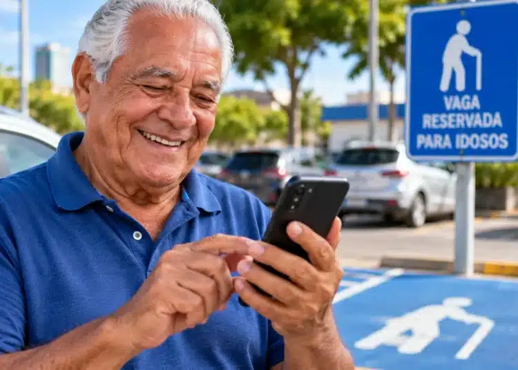 Idoso sorridente utiliza celular próximo a uma vaga de estacionamento reservada para pessoas com 60 anos ou mais.