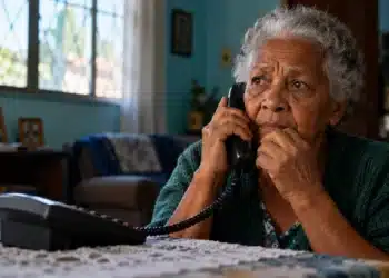 Mulher idosa com expressão preocupada segura um telefone fixo durante uma ligação, ilustrando a denúncia de violência contra pessoas idosas.