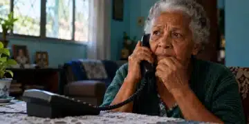 Mulher idosa com expressão preocupada segura um telefone fixo durante uma ligação, ilustrando a denúncia de violência contra pessoas idosas.