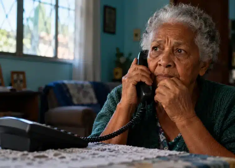 Mulher idosa com expressão preocupada segura um telefone fixo durante uma ligação, ilustrando a denúncia de violência contra pessoas idosas.