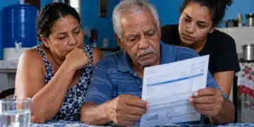 Idoso acompanhado de duas familiares analisa uma conta de água, representando o desconto de 50% na tarifa para famílias com beneficiários do BPC.