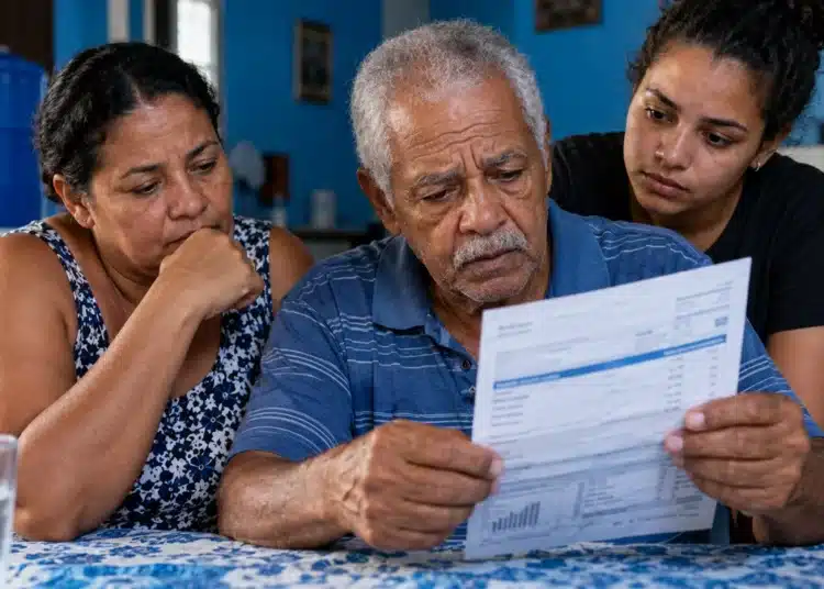 Idoso acompanhado de duas familiares analisa uma conta de água, representando o desconto de 50% na tarifa para famílias com beneficiários do BPC.