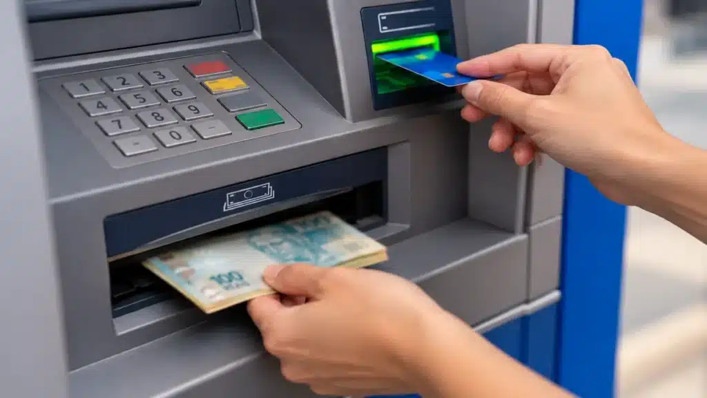 Mãos de uma pessoa retirando cédulas de R$ 100 de um caixa eletrônico enquanto utiliza um cartão bancário, ilustrando a movimentação de recursos financeiros.