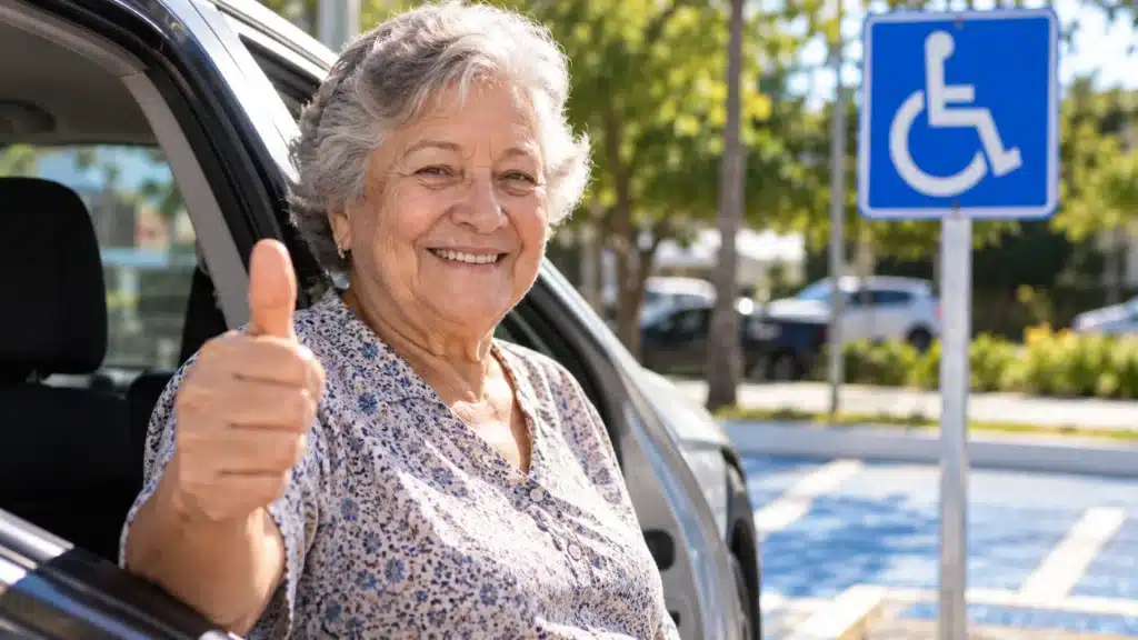 Idosa sorridente ao lado de um carro em estacionamento com vaga reservada, representando o direito à credencial vitalícia.