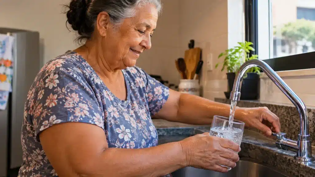 Idosa enche um copo com água na cozinha, representando as famílias que podem receber desconto na conta de água pela Tarifa Social.