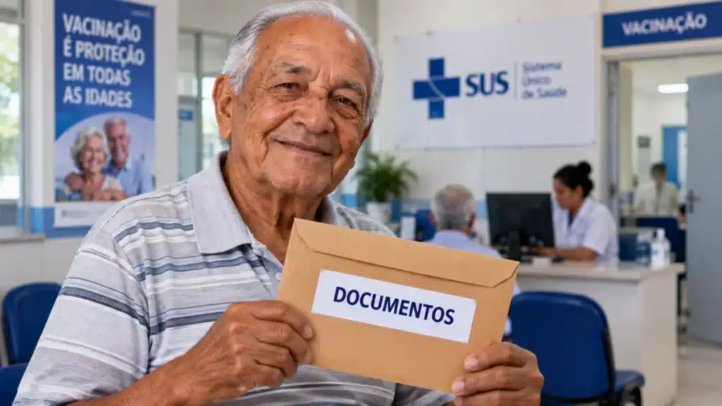 Idoso segura envelope identificado como documentos em unidade de saúde do SUS, ilustrando a documentação necessária para receber a vacina Pneumo 20.