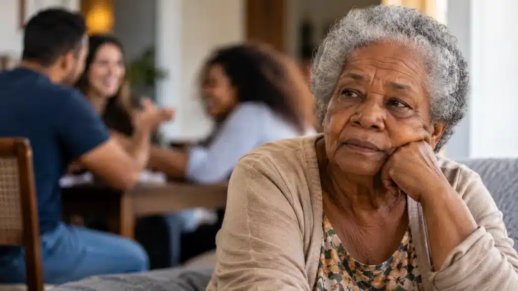 Mulher idosa de cabelos grisalhos, com expressão pensativa e rosto apoiado na mão, enquanto três adultos conversam ao fundo, representando a exclusão social na terceira idade.