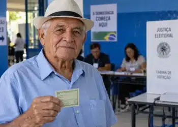 Idoso brasileiro com título de eleitor na mão, em uma seção eleitoral, com mesários e cabine de votação ao fundo.