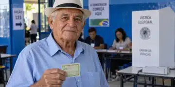 Idoso brasileiro com título de eleitor na mão, em uma seção eleitoral, com mesários e cabine de votação ao fundo.
