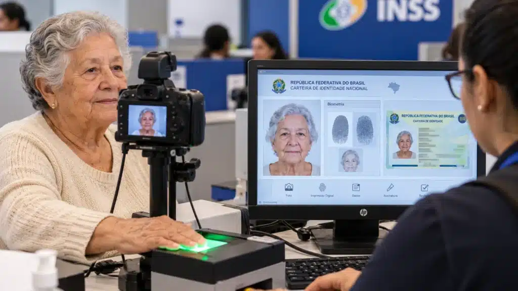 Idosa realiza coleta de impressão digital e registro da imagem facial durante a emissão de documento de identidade.