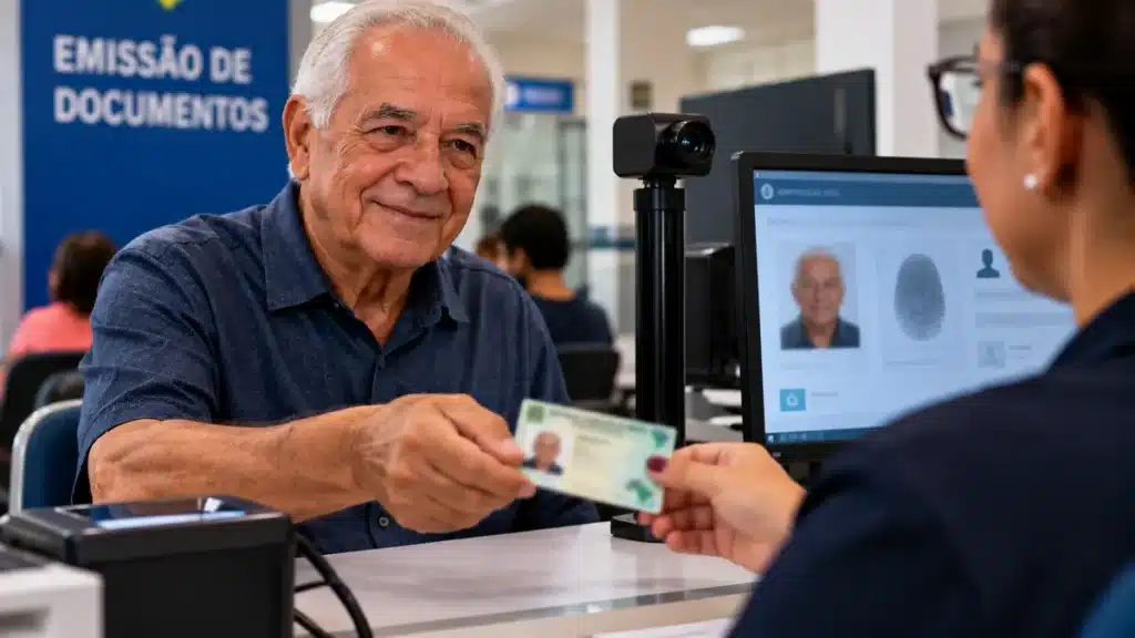 Idoso recebe documento de identificação durante atendimento presencial, representando o procedimento que pode contribuir para a validação da Prova de Vida do INSS.
