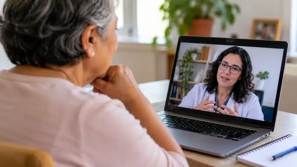 Mulher idosa participa de atendimento psicológico remoto por videochamada com uma profissional de saúde.