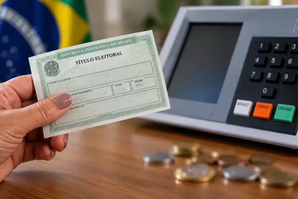 Mão segura título eleitoral diante de urna eletrônica, com moedas sobre a mesa.