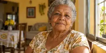 Mulher idosa de cabelos grisalhos, sentada próxima a uma janela em ambiente familiar, representando a valorização da pessoa idosa durante o Outubro Prata.