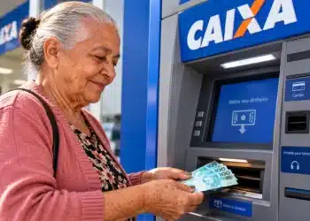 Idosa retira dinheiro em caixa eletrônico da Caixa em referência ao pagamento do INSS de outubro para beneficiários que recebem acima de um salário mínimo