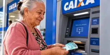Idosa retira dinheiro em caixa eletrônico da Caixa em referência ao pagamento do INSS de outubro para beneficiários que recebem acima de um salário mínimo
