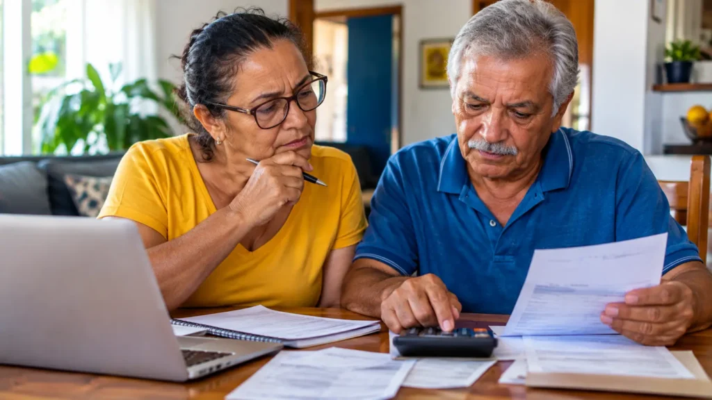 Casal de idosos analisando contas e calculando despesas domésticas para organizar o orçamento da aposentadoria.