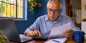 Idoso aposentado utiliza calculadora e analisa documentos financeiros, representando o planejamento de renda e gastos após a aposentadoria.