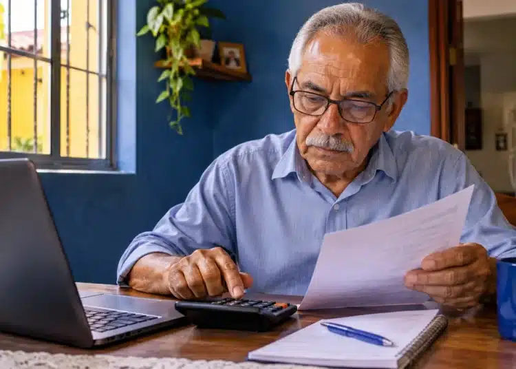 Idoso aposentado utiliza calculadora e analisa documentos financeiros, representando o planejamento de renda e gastos após a aposentadoria.
