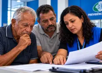 Idoso beneficiário do BPC acompanhado por curador durante análise de documentos em atendimento da Previdência Social