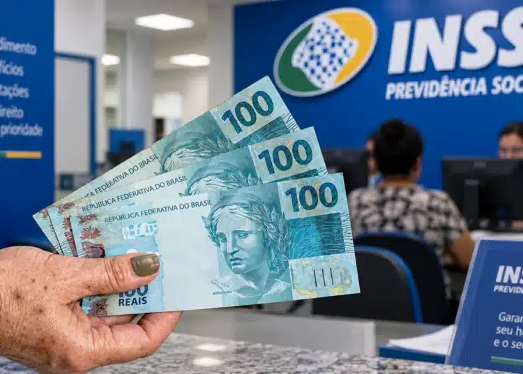 Mão segura notas de R$ 100 em agência do INSS, representando o pagamento da pensão por morte