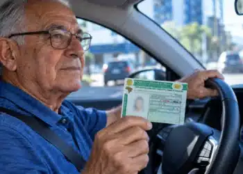 Motorista com mais de 70 anos segura a CNH dentro do carro