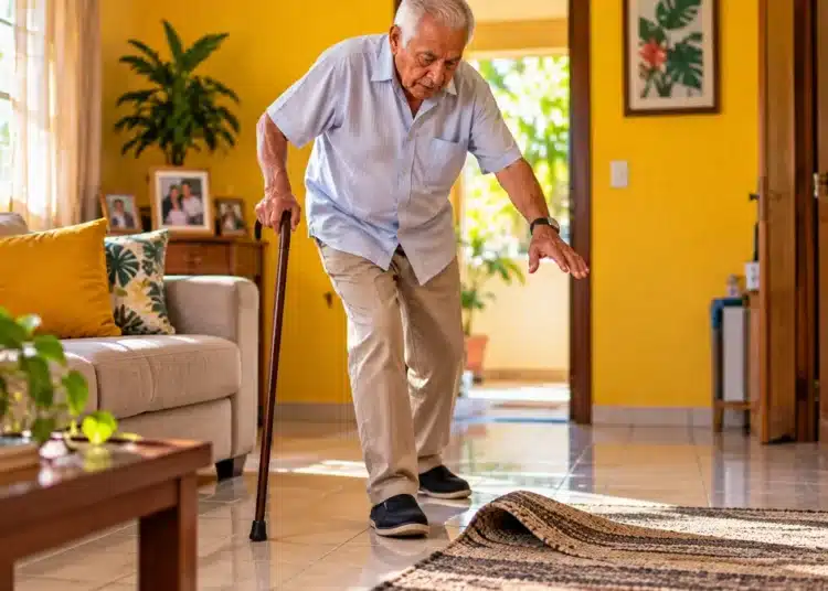 Idoso utilizando bengala dentro de casa, atento a um tapete com a ponta dobrada no chão, que representa um risco de queda.