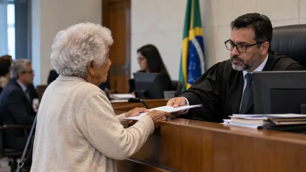 Idosa apresenta documentos em tribunal, representando a prioridade na tramitação de processos judiciais.