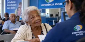 Idosa com mais de 80 anos sendo atendida em órgão público, representando a prioridade especial garantida a esse grupo.