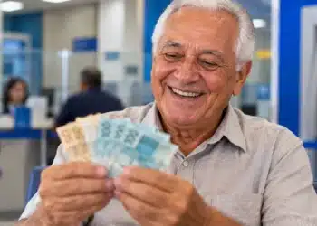 Idoso sorri enquanto conta notas de dinheiro em uma agência bancária, ilustrando proposta de 13º salário em dobro para aposentados do INSS.