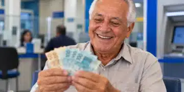 Idoso sorri enquanto conta notas de dinheiro em uma agência bancária, ilustrando proposta de 13º salário em dobro para aposentados do INSS.