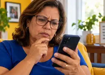 Mulher de meia-idade, usando óculos e blusa azul, observa o celular com expressão de dúvida, representando o acesso ao Meu INSS e ao INSS Digital