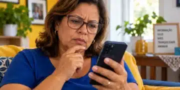 Mulher de meia-idade, usando óculos e blusa azul, observa o celular com expressão de dúvida, representando o acesso ao Meu INSS e ao INSS Digital