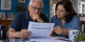 Idoso brasileiro e familiar analisam documento do plano de saúde sobre a mesa, em referência às regras de reajuste por data de contratação.