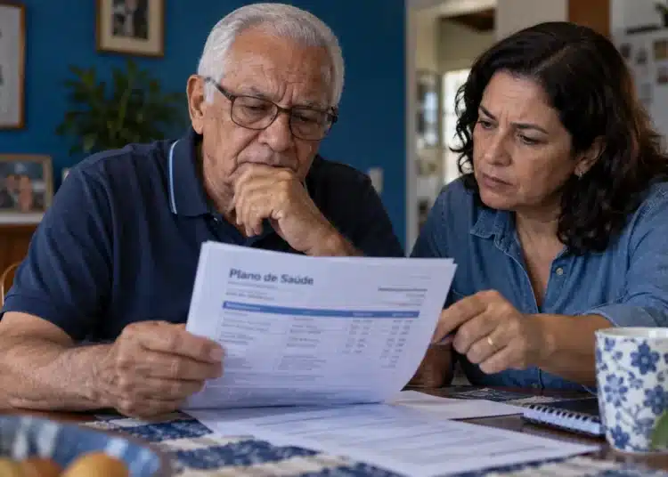 Idoso brasileiro e familiar analisam documento do plano de saúde sobre a mesa, em referência às regras de reajuste por data de contratação.
