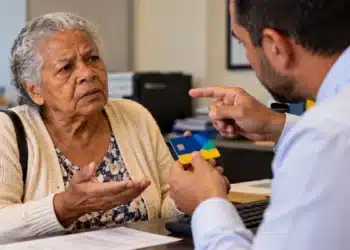 Idosa com expressão preocupada questiona homem que segura seu cartão de benefício durante uma cobrança de dívida, representando uma situação de retenção indevida.