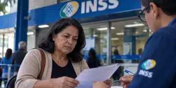Mulher conferindo documentos durante atendimento no INSS, representando o processo de revisão da aposentadoria.