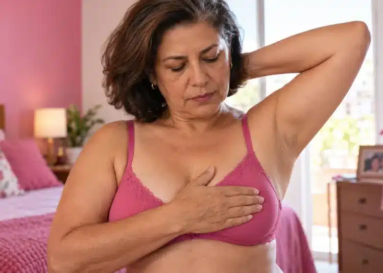 Mulher de aproximadamente 55 anos realiza o autoexame das mamas em casa, representando a importância de observar sinais de alerta que podem indicar câncer de mama.